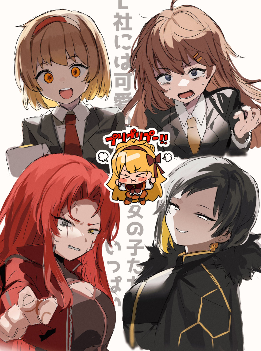 &gt;_&lt; 5girls absurdres binah_(project_moon) black_cape black_dress black_jacket blonde_hair bow bowtie brown_bow brown_bowtie brown_eyes brown_hair brown_hairband brown_necktie cape commentary crying dress earrings gebura_(project_moon) grey_eyes grin hair_bow hairband heterochromia highres hod_(project_moon) inudogsaikou jacket jewelry lobotomy_corporation long_hair long_sleeves malkuth_(project_moon) medium_hair multiple_girls necktie open_mouth pointy_ears pout project_moon red_hair red_hairband red_necktie smile tiphereth_a_(project_moon) upper_body very_long_hair white_eyes