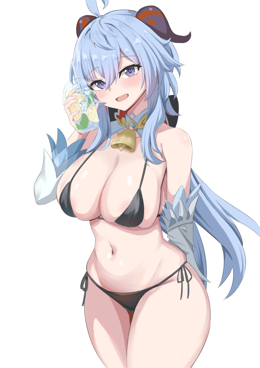 1girl absurdres ahoge bare_shoulders bikini black_bikini blue_hair blush breasts cleavage cowboy_shot cup disposable_cup ganyu_(genshin_impact) genshin_impact goat_horns highres holding holding_cup horns large_breasts long_hair looking_at_viewer navel open_mouth purple_eyes simple_background solo stomach swimsuit thighs ushimizu very_long_hair white_background