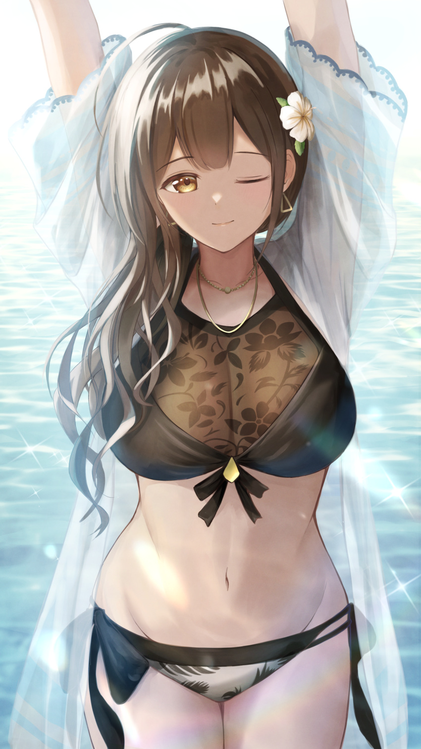 1girl ;) absurdres ahoge arms_up bikini black_bikini breasts brown_hair cleavage day groin hair_over_shoulder highres idolmaster idolmaster_shiny_colors kuwayama_chiyuki looking_at_viewer navel one_eye_closed outdoors see-through see-through_cleavage see-through_shirt smile solo swimsuit tland_p