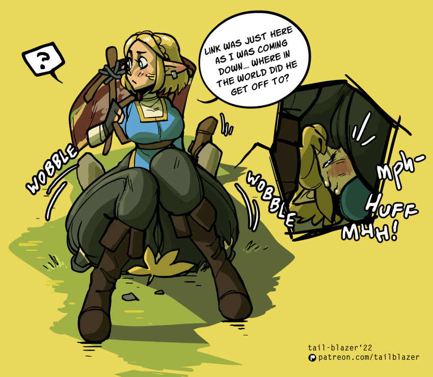 2022 accident big_butt bodily_fluids butt clothed clothing duo elf facesitting female fully_clothed hair hi_res huge_butt huge_hips huge_thighs humanoid humanoid_pointy_ears hylian larger_female link male male/female nintendo not_furry princess_zelda sitting sitting_on_another size_difference smaller_male sweat tail-blazer the_legend_of_zelda thick_thighs tight_clothing wide_hips