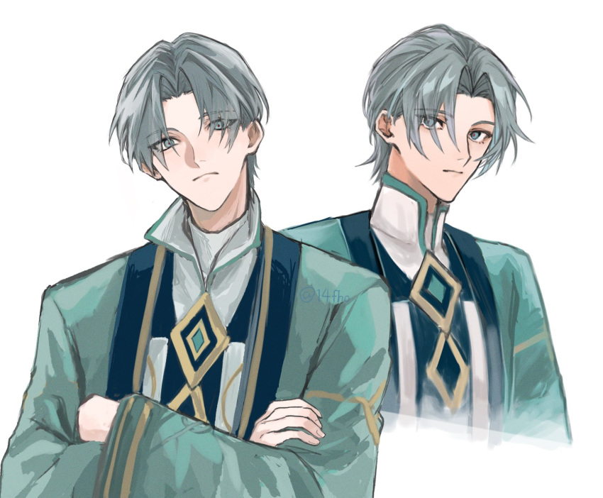 14fho 1boy alhaitham's_father_(genshin_impact) aqua_eyes arched_bangs artist_name closed_mouth collared_shirt crossed_arms eyes_visible_through_hair fingernails gold_trim green_jacket green_trim grey_hair hair_over_eyes highres jacket long_sleeves looking_at_viewer loose_clothes loose_shirt male_focus mandarin_collar parted_bangs shirt short_hair twitter_username white_background