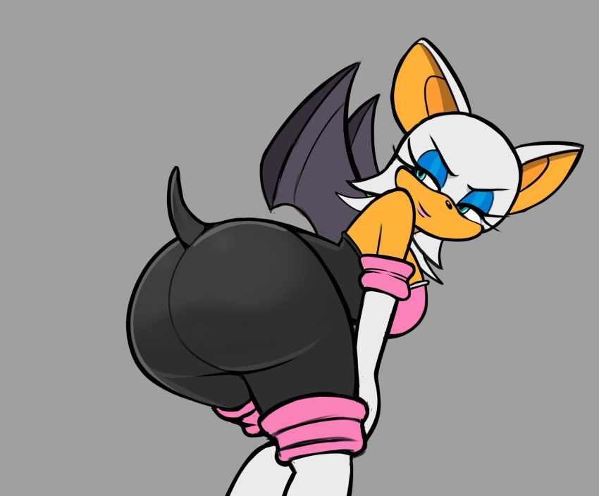 2023 anthro bat big_butt blue_eyeshadow butt eyeshadow female fur grey_background hi_res leaning leaning_forward lolotron6 makeup mammal rouge_the_bat sega simple_background solo sonic_the_hedgehog_(series) white_body white_fur