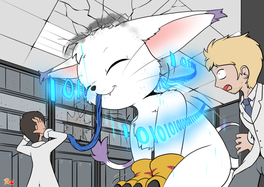 2023 bandai_namco binary_code clothing coat detailed_background digimon digimon_(species) ears_down eyes_closed feral gatomon group growth human inside lab_coat macro male mammal object_in_mouth pivoted_ears rai_kun server server_room signature size_difference suprised_look tail topwear white_body wire
