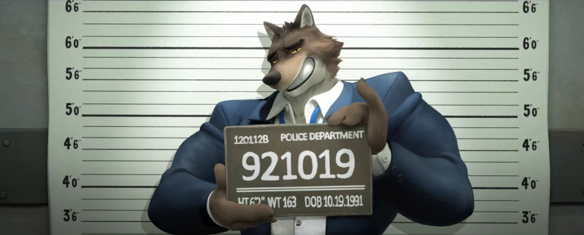 2023 3d_(artwork) absurd_res anthro barazoku bedroom_eyes biceps black_eyes black_nose brown_body brown_ears brown_fur bust_portrait canid canine canis clothed clothing detailed digital_media_(artwork) dreamworks english_text fur half-closed_eyes hammyartblog happy hi_res holding_object holding_placard inside male mammal mr._wolf_(the_bad_guys) multicolored_body multicolored_ears multicolored_fur muscular muscular_anthro muscular_male narrowed_eyes necktie placard portrait prison prisoner pupils rendered seductive shadow shirt small_pupils smile smiling_at_viewer solo standing suit_and_tie tan_body tan_fur teeth text the_bad_guys thick_neck toony topwear triceps white_body white_ears white_fur widescreen wolf yellow_sclera