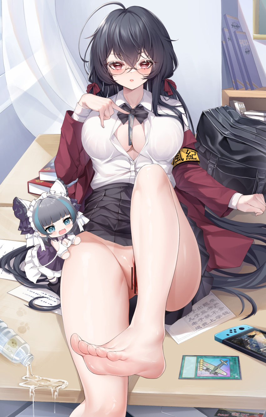 2girls :o absurdres ahoge armband azur_lane barefoot between_breasts black_bag black_bow black_bowtie black_hair black_skirt book bottle bow bowtie breasts cheshire_(azur_lane) chibi cleavage collared_shirt commentary_request crossed_bangs curtains desk dress_shirt feet fine_fabric_emphasis foot_focus foot_out_of_frame glasses hair_between_eyes handheld_game_console highres huge_ahoge indoors jacket kanon_(sinto) large_breasts leaning_back leg_up long_hair long_sleeves multiple_girls nintendo_switch no_bra no_legwear no_panties no_shoes official_alternate_costume on_desk open_clothes open_jacket paper partially_unbuttoned pleated_skirt presenting_foot red_eyes red_jacket round_eyewear school_uniform shirt sitting skirt spill taihou_(azur_lane) taihou_(sweet_time_after_school)_(azur_lane) the_legend_of_zelda the_legend_of_zelda:_breath_of_the_wild toes trading_card water white_shirt yellow_armband yu-gi-oh!