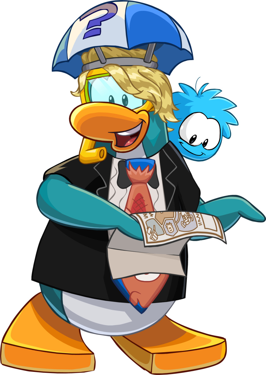 ambiguous_gender avian bird black_clothing black_shirt black_topwear blonde_hair clothing club_penguin duo fish_print full-length_portrait hair hi_res holding_map male map multicolored_clothing multicolored_shirt multicolored_topwear official_art open_mouth penguin portrait print_necktie puffle shirt short_hair short_sleeves snorkel topwear two_tone_clothing two_tone_shirt two_tone_topwear umbrella_hat unknown_artist upper_teeth_only white_clothing white_shirt white_topwear