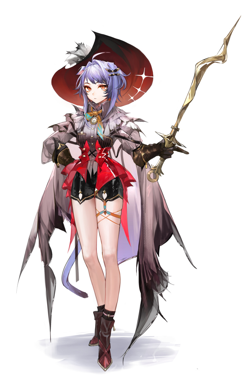 1girl absurdres ahoge black_shorts black_socks boots breasts brown_footwear brown_gloves buttons cape clip_studio_paint_(medium) closed_mouth full_body gloves grey_cape grey_shirt hair_intakes hair_ornament hand_on_own_hip hat highres holding holding_sword holding_weapon long_sleeves looking_at_viewer medium_breasts moko_(moko/moko) neck_ribbon original pendant_watch purple_hair purple_tail red_eyes red_headwear ribbon shirt short_hair_with_long_locks shorts sidelocks simple_background slit_pupils socks solo standing sun_hat sword tail thigh_strap weapon white_background yellow_ribbon