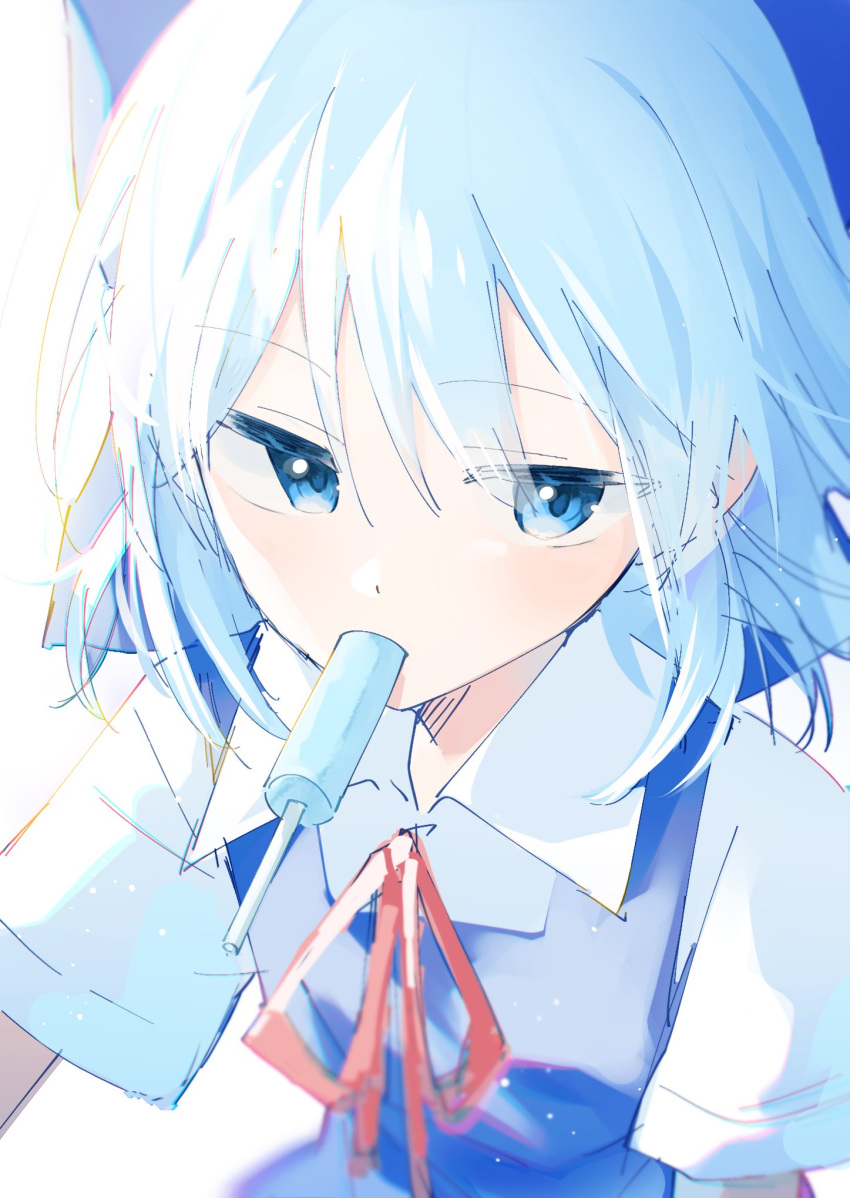 1girl blue_bow blue_dress blue_hair blush bow cirno collared_shirt dress food hair_bow highres mouth_hold popsicle red_ribbon ribbon shirt short_hair short_sleeves simple_background solo suikario touhou upper_body white_background white_shirt