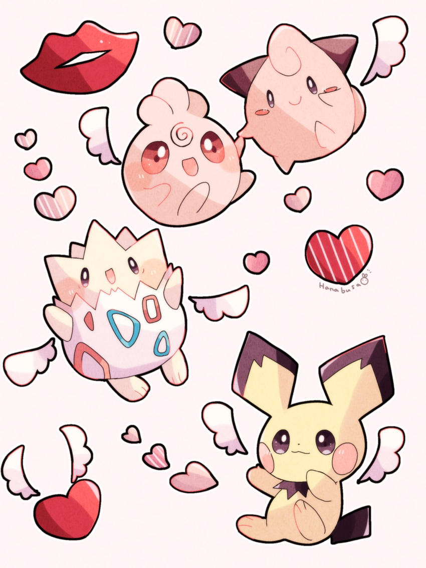 :3 :d animal_focus cleffa colored_skin commentary_request hanabusaoekaki heart highres igglybuff lips no_humans pichu pink_skin pokemon pokemon_(creature) red_eyes simple_background smile solid_oval_eyes tail teeth togepi white_background wings yellow_skin