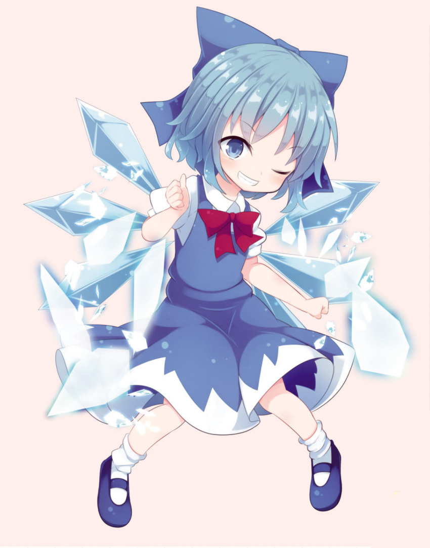 1girl beni_shake blue_bow blue_dress blue_eyes blue_hair bow cirno collared_shirt detached_wings dress fairy fairy_wings grin hair_bow highres ice ice_wings long_dress neck_ribbon pinafore_dress puffy_short_sleeves puffy_sleeves red_ribbon ribbon shirt shoes short_hair short_sleeves sleeveless sleeveless_dress smile socks solo strange_creators_of_outer_world touhou white_shirt wings