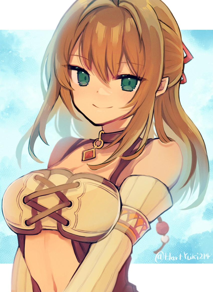 1girl blonde_hair breasts choker cleavage closed_mouth fiora_(xenoblade) green_eyes hair_ribbon haruto_yuki highres long_hair looking_at_viewer navel ribbon smile solo xenoblade_chronicles_(series) xenoblade_chronicles_1