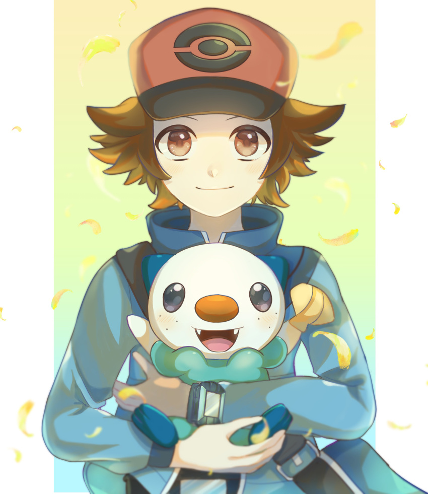 1boy absurdres bag blue_jacket brown_eyes brown_hair closed_mouth commentary_request hat highres hilbert_(pokemon) holding holding_pokemon jacket long_sleeves looking_at_viewer male_focus messenger_bag oshawott poke_ball_print pokemon pokemon_(creature) pokemon_(game) pokemon_bw red_headwear ryusa_(gjgd7445) short_hair shoulder_bag smile