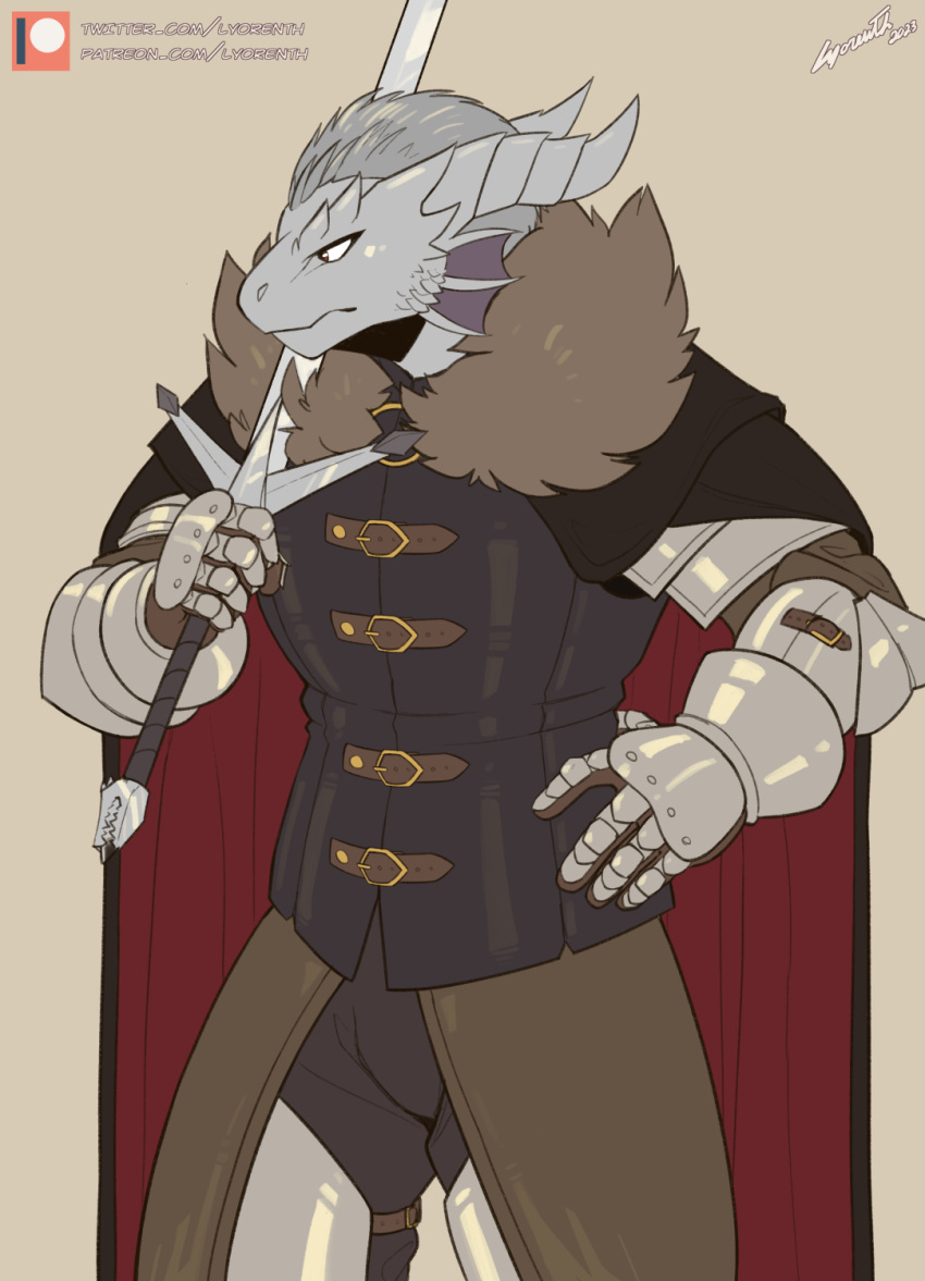 2023 anthro armor brown_eyes cape clothed clothing dragonborn_(dnd) dungeons_and_dragons eyelashes gauntlets glistening gloves handwear hasbro hi_res horn lyorenth-the-dragon male melee_weapon scales scalie solo sword weapon white_body white_scales wizards_of_the_coast