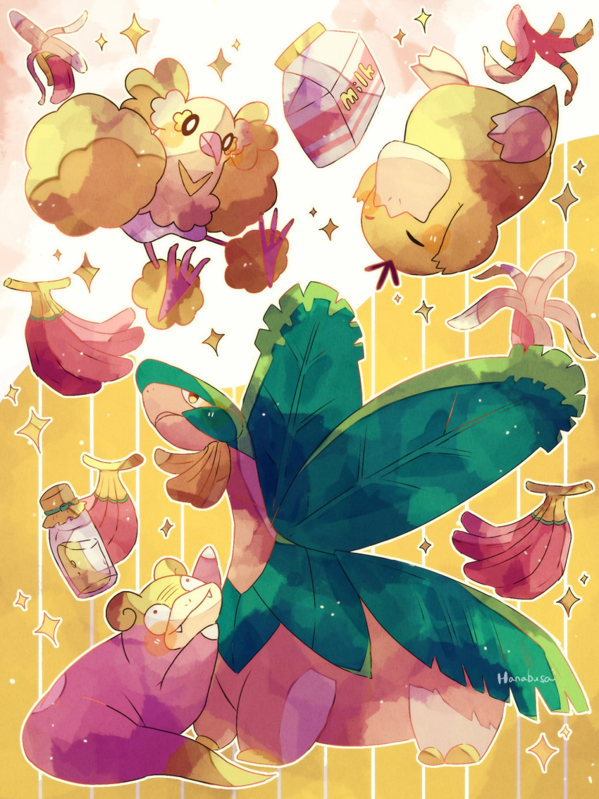 animal_focus artist_name banana banana_milk banana_peel bird colored_skin commentary_request food fruit hanabusaoekaki highres leaf milk no_humans oricorio oricorio_(pom-pom) pink_skin pokemon pokemon_(creature) psyduck slowpoke solid_oval_eyes sparkle striped striped_background tropius upside-down wings yellow_background yellow_skin