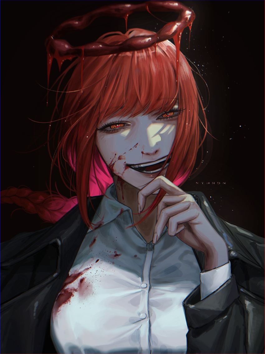 1girl absurdres black_coat blood blood_on_clothes blood_on_face braid chainsaw_man coat dark_background halo hand_on_own_chin hand_on_own_face highres long_sleeves looking_at_viewer makima_(chainsaw_man) nthndn open_mouth orange_eyes red_hair ringed_eyes shirt sidelocks sinister solo white_shirt