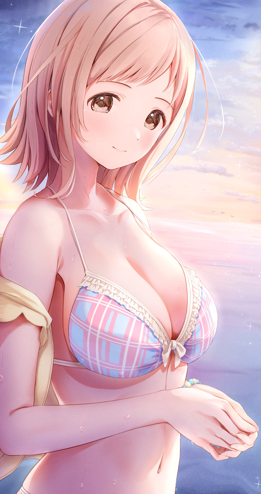 1girl absurdres bikini blush breasts cleavage cropped_jacket fujinomiya_rio halterneck highres idolmaster idolmaster_shiny_colors jacket large_breasts light_brown_hair looking_at_viewer navel open_clothes open_jacket outdoors own_hands_together plaid plaid_bikini sakuragi_mano smile solo swimsuit upper_body yellow_jacket