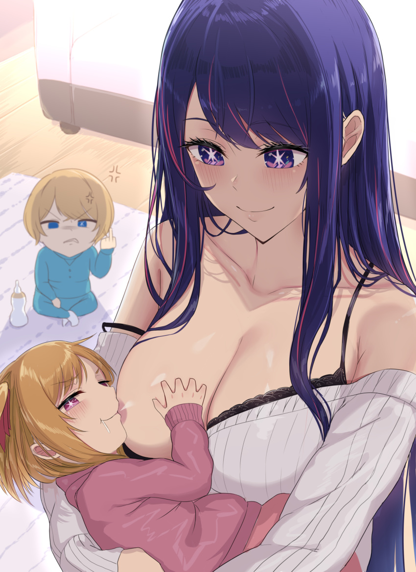 1boy 2girls absurdres baby baby_carry bare_shoulders blonde_hair blue_eyes blush bob_cut bottle bra breast_sucking breastfeeding breasts carrying cleavage collarbone hair_between_eyes highres holding_baby hoshino_ai_(oshi_no_ko) hoshino_aquamarine hoshino_ruby lace-trimmed_bra lace_trim large_breasts long_hair long_sleeves looking_at_viewer micchan_(micchanmeido) middle_finger milk milk_bottle multicolored_hair multiple_girls off-shoulder_sweater off_shoulder oshi_no_ko pink_eyes purple_eyes purple_hair short_hair siblings smile smug star-shaped_pupils star_(symbol) star_in_eye sweater symbol-shaped_pupils symbol_in_eye underwear