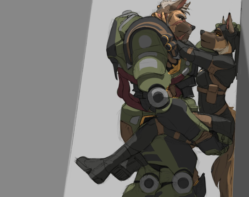 2022 against_surface against_wall angela_(saberzelgrath) anthro armor black_hair bodysuit boots brown_body brown_fur cables canid canine canis clothing detective domestic_dog duo female footwear fur german_shepherd green_armor grey_hair hair harness herding_dog hi_res holding_partner lip_scar male male/female mammal married_couple multicolored_body multicolored_fur nose_scar orange_body orange_fur pastoral_dog power_suit rourke_(saberzelgrath) saberzelgrath skinsuit soldier tactical_belt tight_clothing warrior yellow_sclera