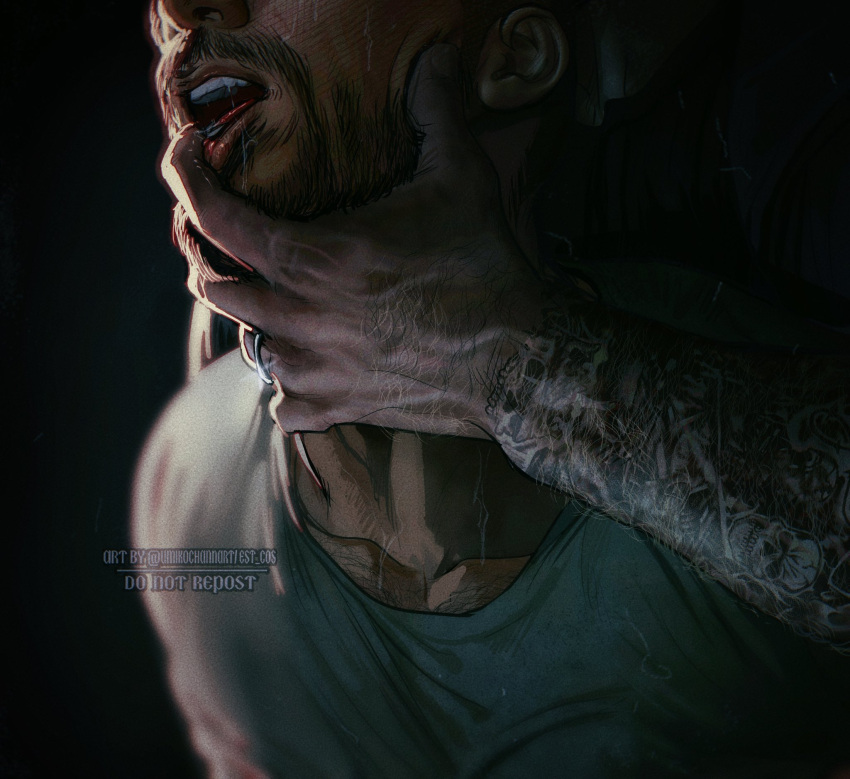 2boys arm_tattoo bara black_shirt call_of_duty call_of_duty:_modern_warfare_2 couple facial_hair ghost_(modern_warfare_2) hand_in_another's_mouth hand_on_another's_neck highres jewelry male_focus multiple_boys muscular muscular_male open_mouth ring saliva shirt soap_(modern_warfare_2) tattoo twitter_username umikochannart wedding_ring yaoi