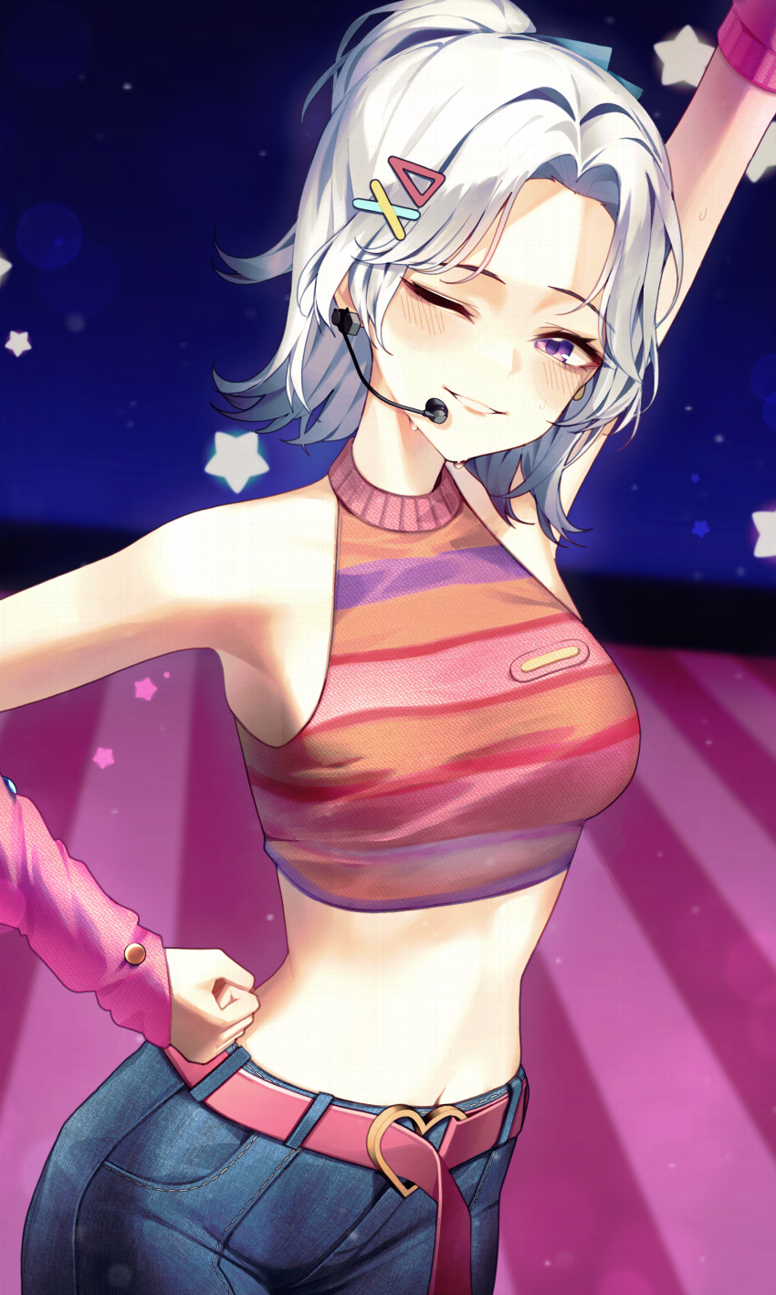 1girl absurdres arm_up bare_shoulders belt blush breasts clenched_hand commentary crop_top denim highres idol ine_(vtuber) jeans kim_ur medium_breasts medium_hair microphone midriff navel one_eye_closed pants parted_bangs pink_belt ponytail purple_eyes sleeveless smile solo stomach sweat virtual_youtuber waktaverse white_hair
