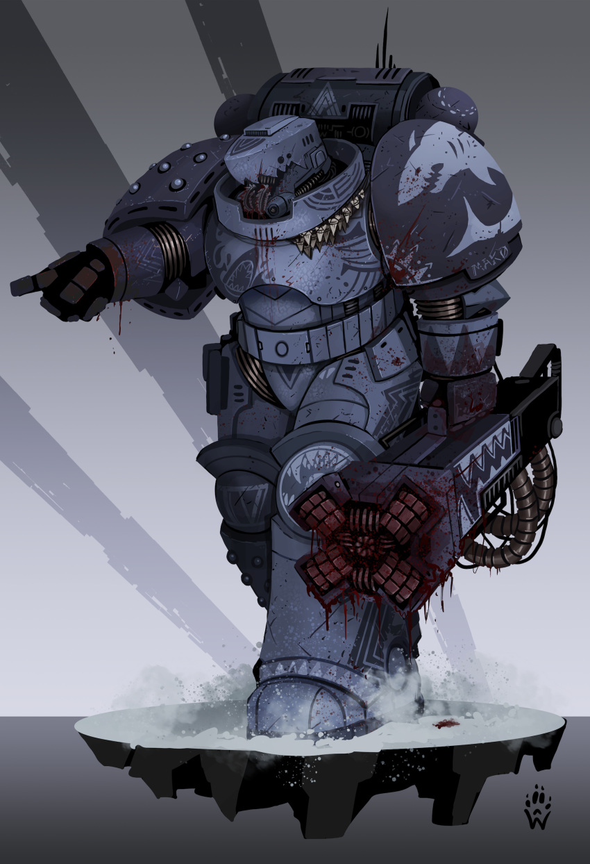 absurdres adeptus_astartes animal_helmet armor armored_boots blood blood_on_weapon blue_armor boots breastplate carcharodons couter crotch_plate cuirass drill dripping dripping_blood gauntlets greaves grey_armor helm helmet highres holding holding_weapon leg_armor on_snow pauldrons pointing poleyn power_armor purple_armor rerebrace shark shoulder_armor siege_drill snow walking weapon wolfdawg_art