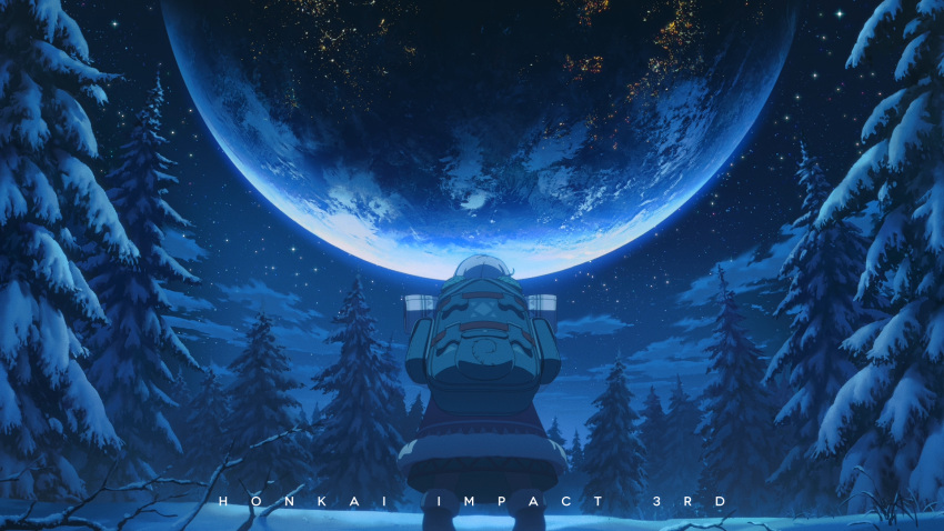 1girl ahoge bag child coat elf_kiana english_text female_child highres honkai_(series) honkai_impact_3rd kiana_kaslana night night_sky official_art official_wallpaper outdoors planet sky snow solo star_(sky) starry_sky tree white_hair winter_clothes winter_coat