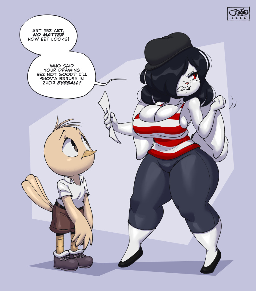 absurd_res angry anthro avian big_breasts bird breasts cleavage clothed clothing female hair hair_over_eye hi_res joaoppereiraus lagomorph larger_female leporid male mammal one_eye_obstructed rabbit size_difference smaller_male