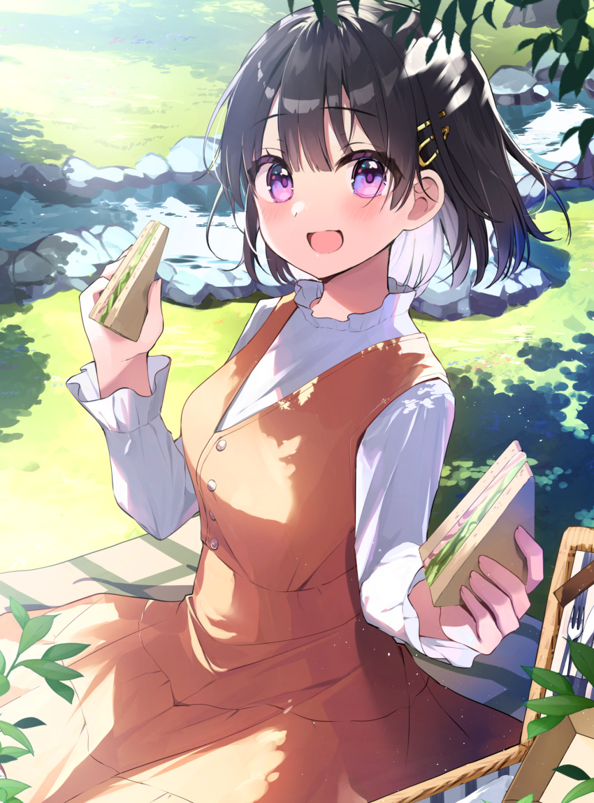 1girl :d blush commentary_request dress food hair_ornament hairclip highres holding holding_food long_sleeves looking_at_viewer official_art orange_dress original picnic_basket purple_eyes sandwich shirt sitting smile solo white_shirt yushima