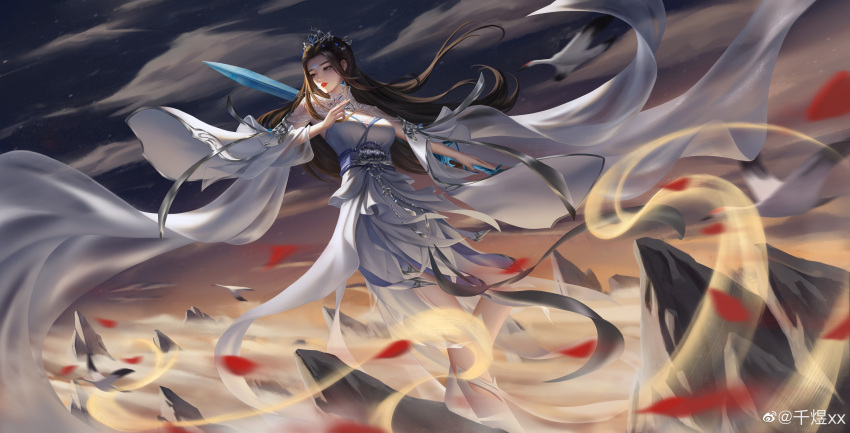 1girl absurdres bird brown_hair closed_mouth cloud crane_(animal) dress earrings facial_mark forehead_mark highres holding holding_sword holding_weapon jewelry leg_up long_hair looking_to_the_side lu_xueqi_(zhu_xian) mountain night night_sky qian_yu_xx reverse_grip sash sky solo sword tiara weapon white_dress wind zhu_xian