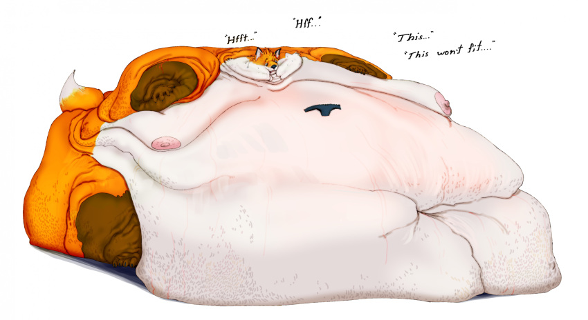 2023 ambiguous_gender anthro breath breathing brown_body brown_fur canid canine clothing dialogue english_text fox fur hi_res immobile ind_chub male mammal max_(batspid2) morbidly_obese morbidly_obese_anthro morbidly_obese_male navel nipples nude obese obese_anthro obese_male orange_body orange_fur overweight overweight_anthro overweight_male panting simple_background solo tail text underwear white_background white_body white_fur