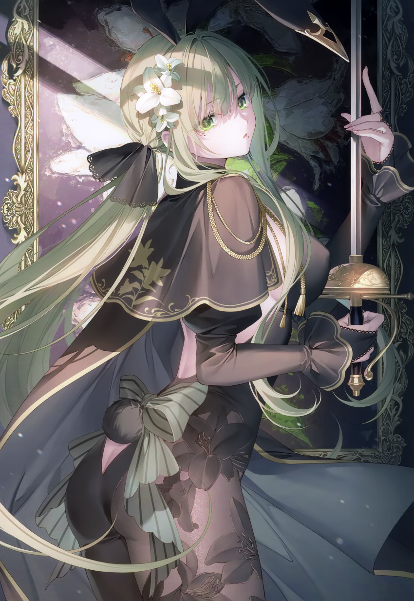 1girl absurdres animal_ears ass black_capelet blunt_bangs bodysuit bow breasts bridal_gauntlets capelet floating_hair flower from_side green_eyes green_hair hair_flower hair_ornament highres holding holding_sword holding_weapon long_hair long_sleeves looking_at_viewer looking_down low_twintails medium_breasts mole mole_under_eye mole_under_mouth original parted_lips rabbit_ears scan see-through_bodysuit solo striped striped_bow sunlight sword toosaka_asagi twintails very_long_hair weapon white_flower