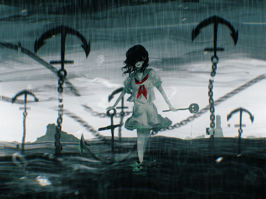 1girl anchor black_hair highres holding holding_ladle ladle looking_at_viewer murasa_minamitsu ocean rain remyaruku65 school_uniform serafuku shirt skirt solo standing storm touhou walking white_shirt white_skirt