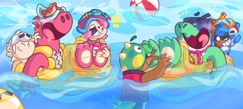 anthro ban banned brawlstars buzz clothing dinosaur dollytraiter07 doug duo feet floatie food hi_res hot_dog inflatable lifeguard male male/male paws pool reptile restraints scalie stocks swimring swimwear tickling weiner