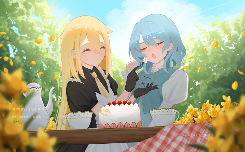 blonde_hair blue_hair blush cake closed_eyes closed_mouth dandelion feeding flower food highres julie koga_twin_(female) maid open_mouth original picnic tatara_kogasa tea