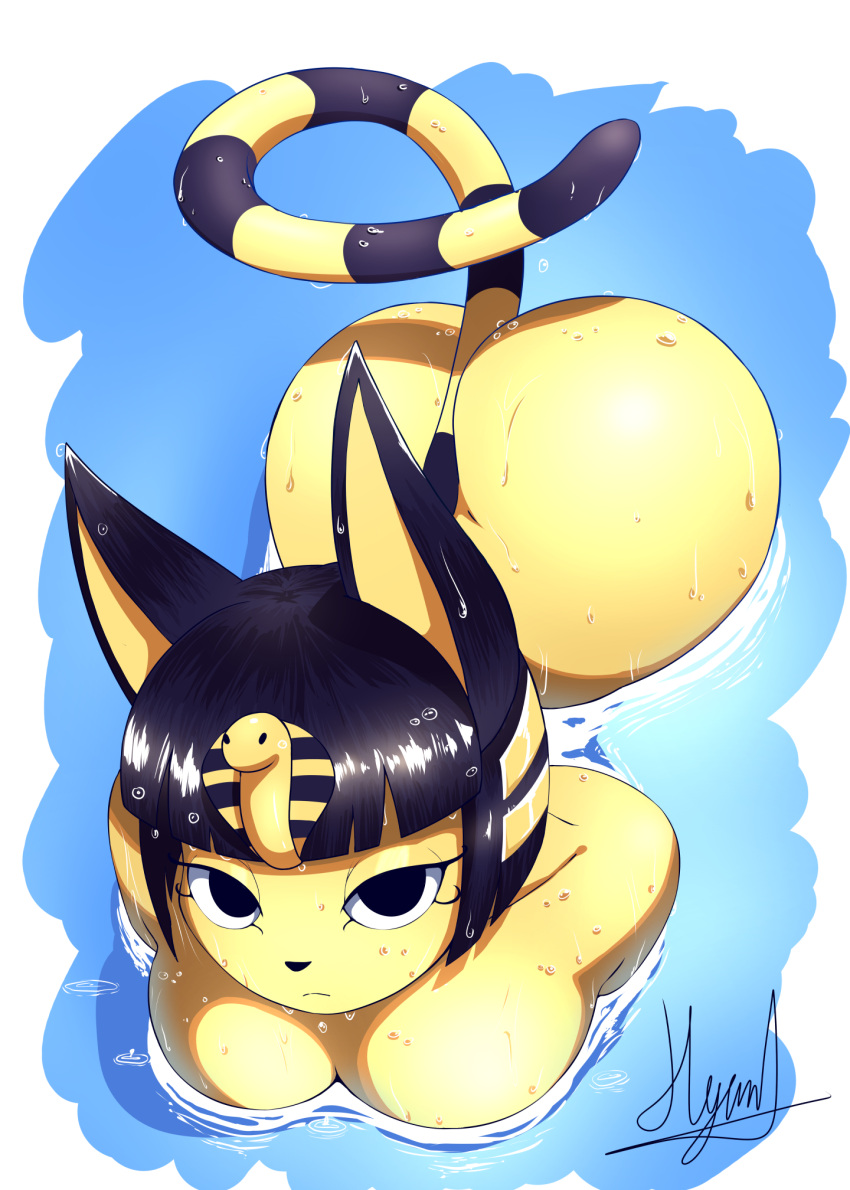 animal_crossing ankha_(animal_crossing) anthro breasts butt cleavage clothed clothing domestic_cat felid feline felis female frown hi_res looking_at_viewer mammal nintendo nude partially_submerged solo vontornado123 water wet