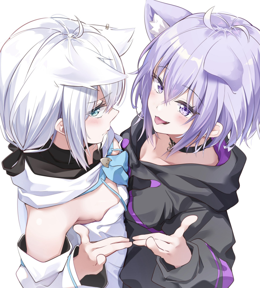 2girls ahoge animal_collar animal_ear_fluff animal_ear_piercing animal_ears aqua_eyes black_collar black_hoodie black_ribbon breast_press breasts cat_ears cat_girl closed_mouth collar commentary_request crossed_bangs detached_sleeves double-parted_bangs fox_ears fox_girl fox_shadow_puppet hair_between_eyes hair_ribbon hand_up highres hololive hood hood_down hoodie long_hair long_sleeves looking_at_another looking_at_viewer multiple_girls muyamii nekomata_okayu nekomata_okayu_(1st_costume) open_mouth profile purple_eyes purple_hair ribbon shirakami_fubuki shirakami_fubuki_(1st_costume) short_hair sidelocks simple_background smile strapless symmetrical_docking tongue upper_body vest virtual_youtuber white_background white_hair white_sleeves white_vest wide_sleeves yuri