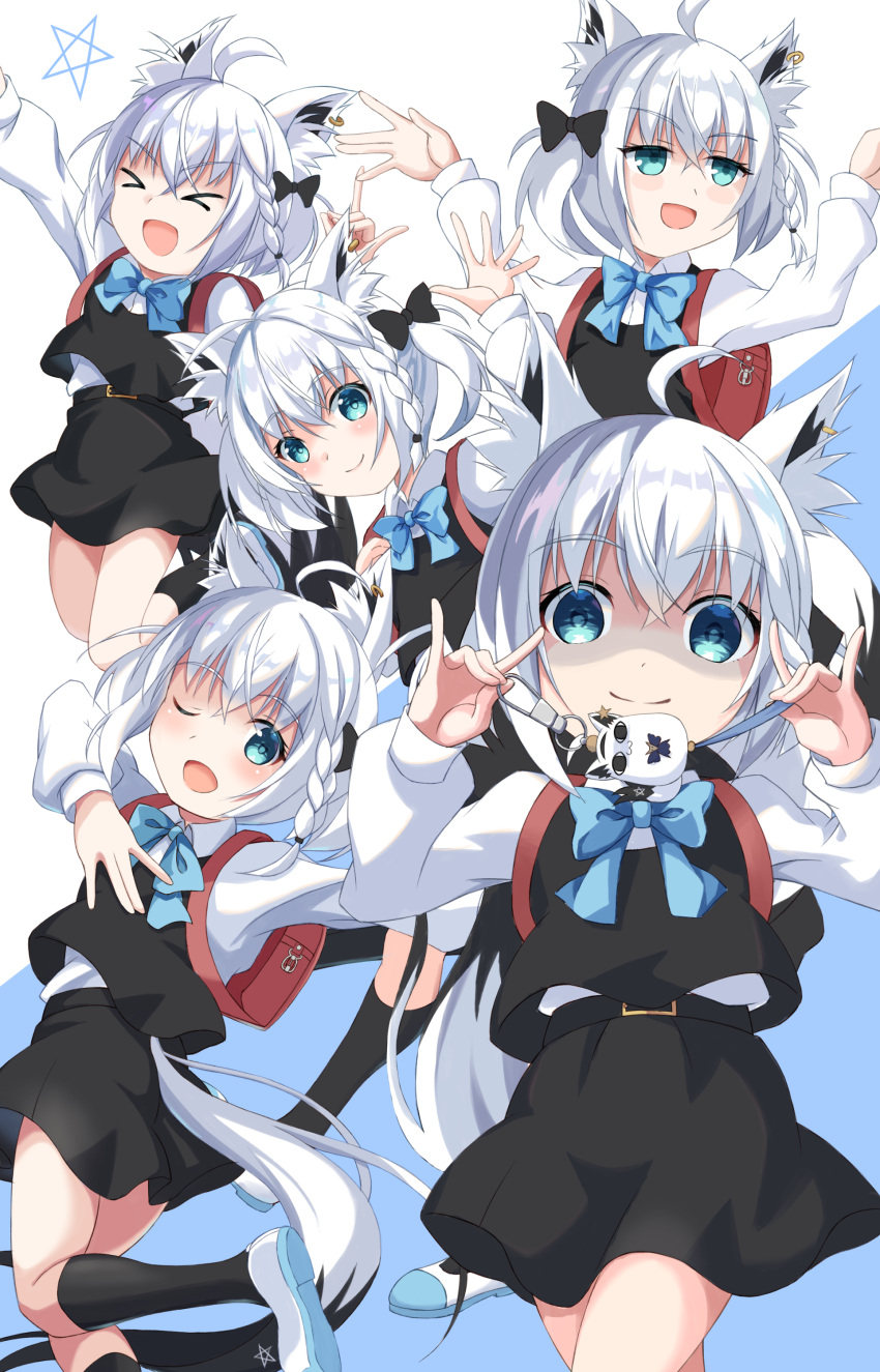 &gt;_&lt; 1girl absurdres aged_down ahoge animal_ear_fluff animal_ears aqua_eyes backpack bag black_bow black_shirt black_skirt black_socks blue_bow blue_bowtie blush bow bowtie braid cosplay crime_prevention_buzzer earrings fox_ears fox_girl fox_tail hair_between_eyes hair_bow highres hololive jewelry kurokamicute910 looking_at_viewer medium_hair miteiru_(shirakami_fubuki) open_mouth randoseru red_bag shigure_ui_(vtuber) shigure_ui_(vtuber)_(cosplay) shigure_ui_(young)_(vtuber) shirakami_fubuki shirt shukusei!!_loli-gami_requiem sidelocks single_braid skirt smile socks solo tail two_side_up virtual_youtuber white_background white_hair