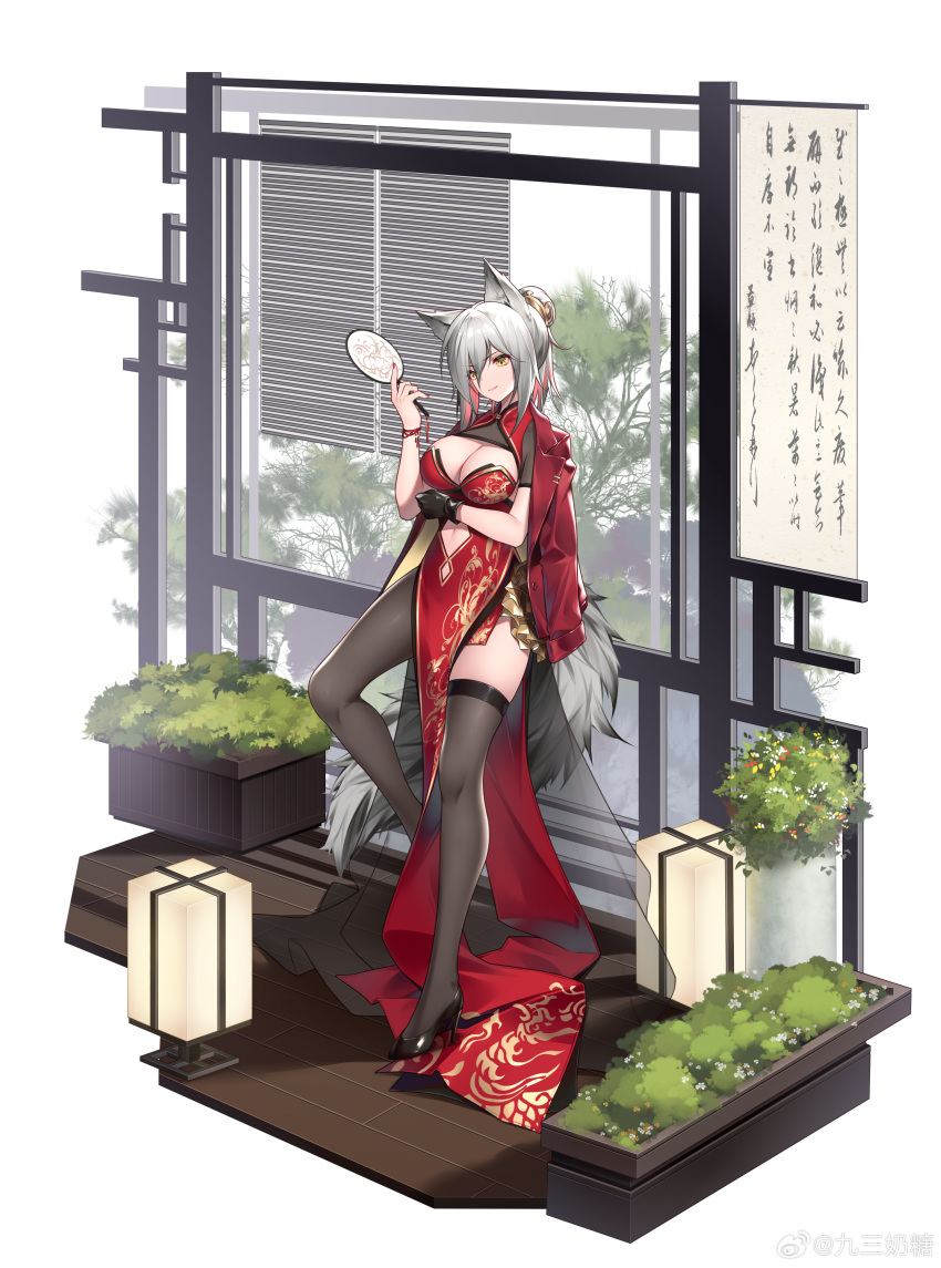 1girl absurdres alternate_costume animal_ears arknights black_footwear black_gloves bracelet breasts china_dress chinese_clothes cleavage cleavage_cutout closed_mouth clothing_cutout commentary_request dress full_body gloves grey_hair grey_pantyhose grey_thighhighs hair_bun hand_fan head_tilt high_heels highres holding holding_fan jacket jacket_on_shoulders jewelry jiusan_naitang lantern looking_at_viewer medium_hair navel navel_cutout pantyhose paper_fan pelvic_curtain plant projekt_red_(arknights) red_hair red_jacket red_nails single_glove single_leg_pantyhose single_thighhigh smile solo tail thighhighs uchiwa wolf_ears wolf_girl wolf_tail yellow_eyes
