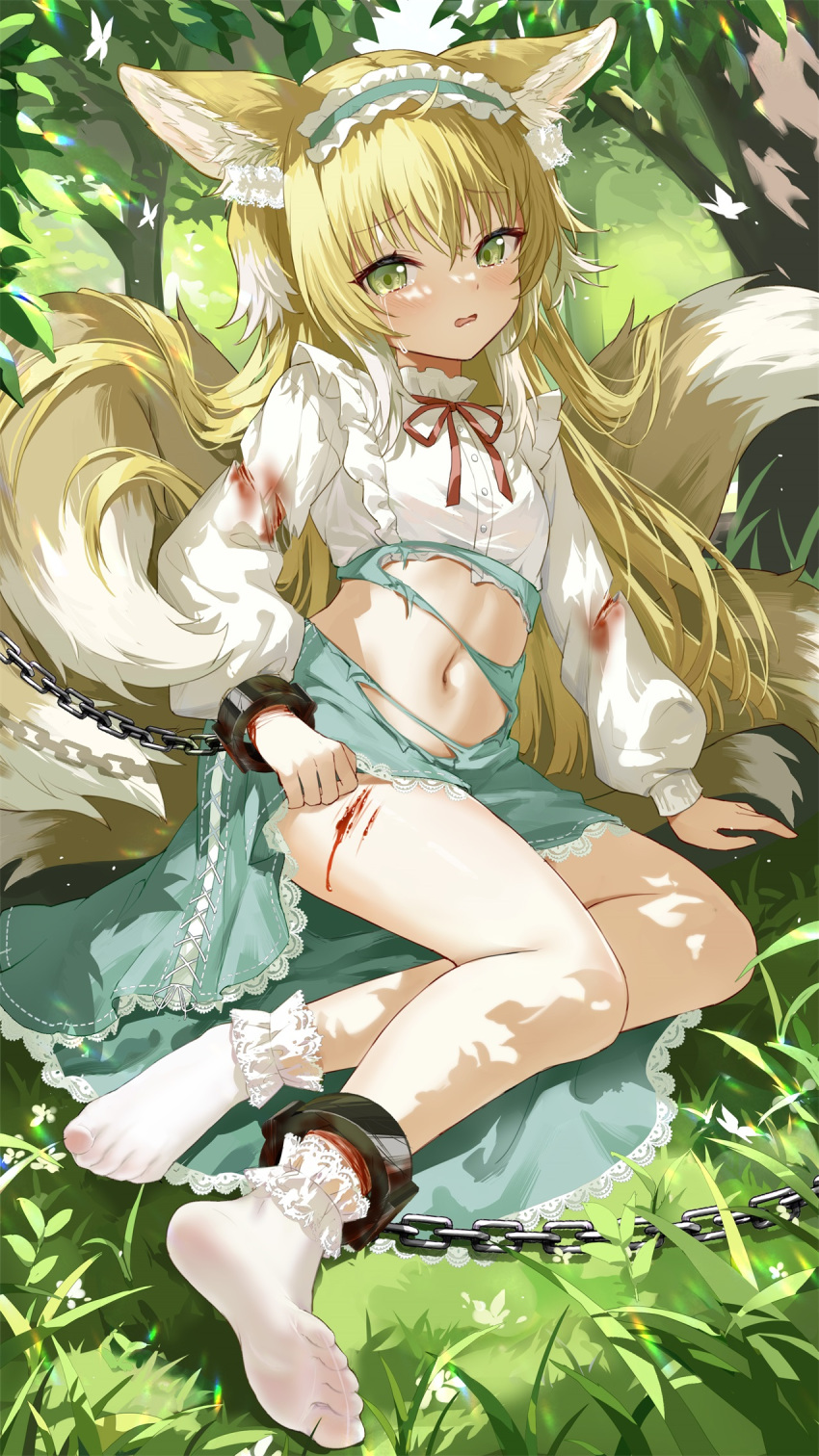 1girl animal_ears arknights blonde_hair blood blood_on_leg blurry bow bowtie bruise chain clothes_lift commentary_request depth_of_field devil_heavens feet forest fox_ears fox_girl fox_tail grass green_eyes hair_between_eyes hairband highres injury kitsune kyuubi legs lifted_by_self lolita_hairband long_hair long_sleeves looking_at_viewer multicolored_hair multiple_tails nature navel no_shoes official_alternate_costume outdoors parted_lips red_bow red_bowtie revision shirt sidelocks sitting skirt skirt_lift socks soles solo stomach suzuran_(arknights) suzuran_(spring_praise)_(arknights) tail toes torn_clothes tree two-tone_hair white_shirt white_socks