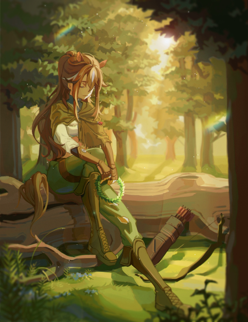 1girl animal_ears arknights arrow_(projectile) blue_flower boots bow_(weapon) brown_capelet brown_footwear brown_gloves brown_hair capelet chinese_commentary closed_eyes closed_mouth elevetour flower full_body gloves grass green_pants head_wreath highres holding_wreath horse_ears horse_tail log long_hair meteor_(arknights) outdoors pants ponytail quiver shirt sidelocks sitting solo tail weapon white_shirt