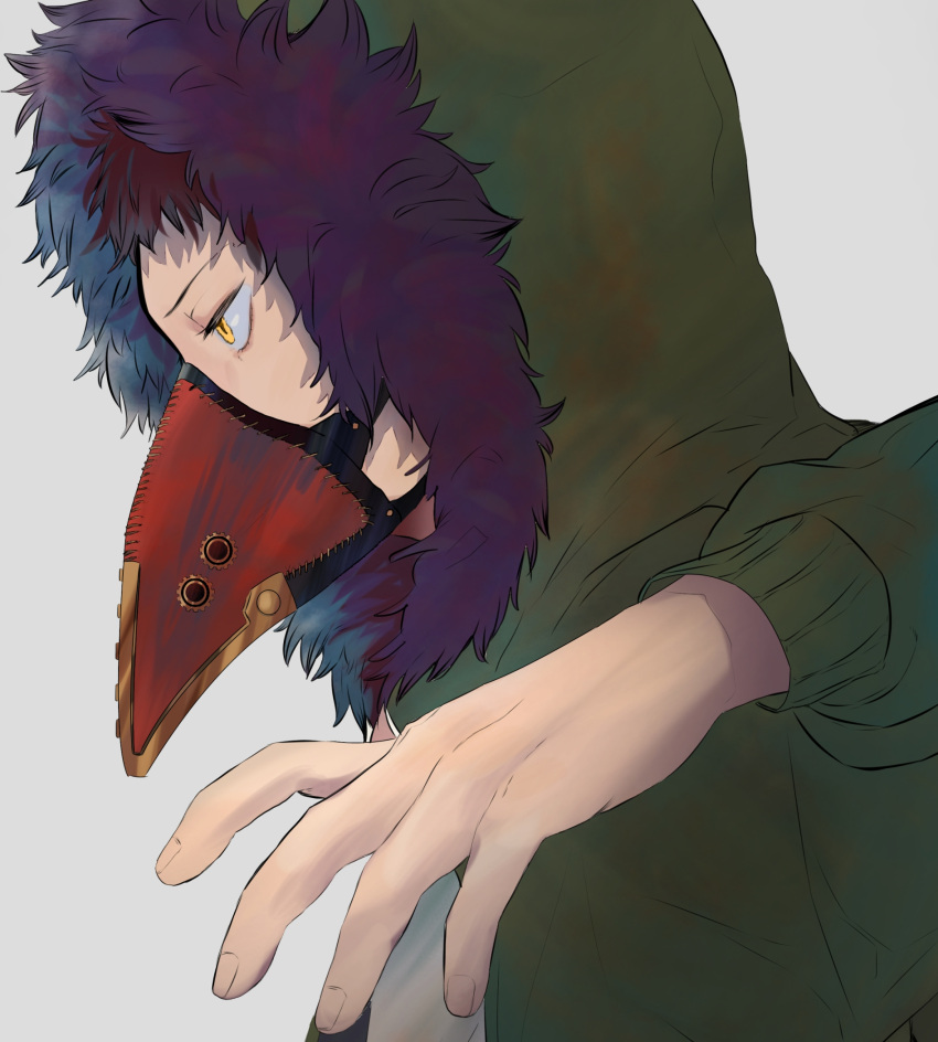 1boy boku_no_hero_academia brown_hair chacoma feather-trimmed_jacket feathers from_side green_jacket hand_up highres hood hood_up jacket male_focus mask mouth_mask overhaul_(boku_no_hero_academia) plague_doctor_mask purple_feathers short_hair solo very_short_hair yellow_eyes