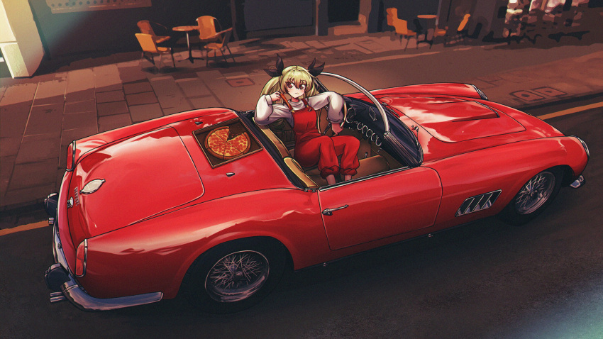 1girl absurdres anchovy_(girls_und_panzer) car chair commentary ferrari food girls_und_panzer green_hair highres long_hair long_sleeves mizzterbii motor_vehicle overalls pizza pizza_box red_overalls road shirt solo street symbol-only_commentary table twintails vehicle_focus vehicle_request white_shirt