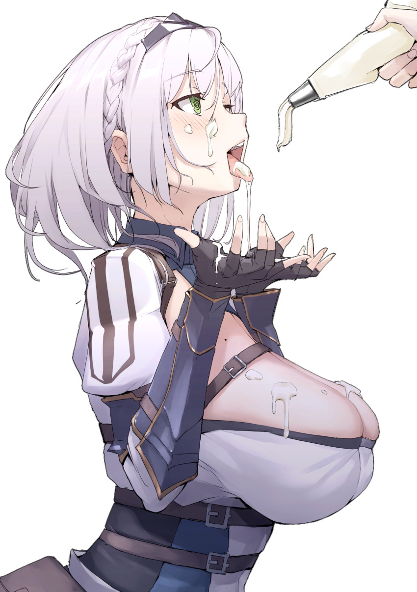 1girl 1other @_@ arm_guards armor black_gloves blush braid breasts cleavage cleavage_cutout clothing_cutout commentary_request cream cream_on_face fingerless_gloves fingernails food food_on_body food_on_face from_side gloves green_eyes grey_hair highres holding hololive hypnosis large_breasts looking_at_another medium_hair mind_control mitsuru_(pixiv_34028718) mole mole_on_breast open_mouth saliva saliva_trail sexually_suggestive shirogane_noel shirogane_noel_(1st_costume) simple_background skindentation solo_focus tongue tongue_out upper_body vambraces virtual_youtuber white_background
