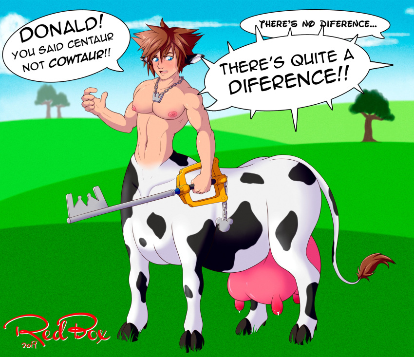 2019 absurd_res andromorph bodily_fluids bovid bovid_taur bovine bovine_taur bucentaur cattle cattle_taur centaur english_text equid equid_taur hi_res holstein_friesian_cattle humanoid_taur intersex keyblade kingdom_hearts lactating male_lactation mammal mammal_taur melee_weapon nipples nude pink_nipples red-box solo sora_(kingdom_hearts) speech_bubble square_enix taur teats text udders weapon