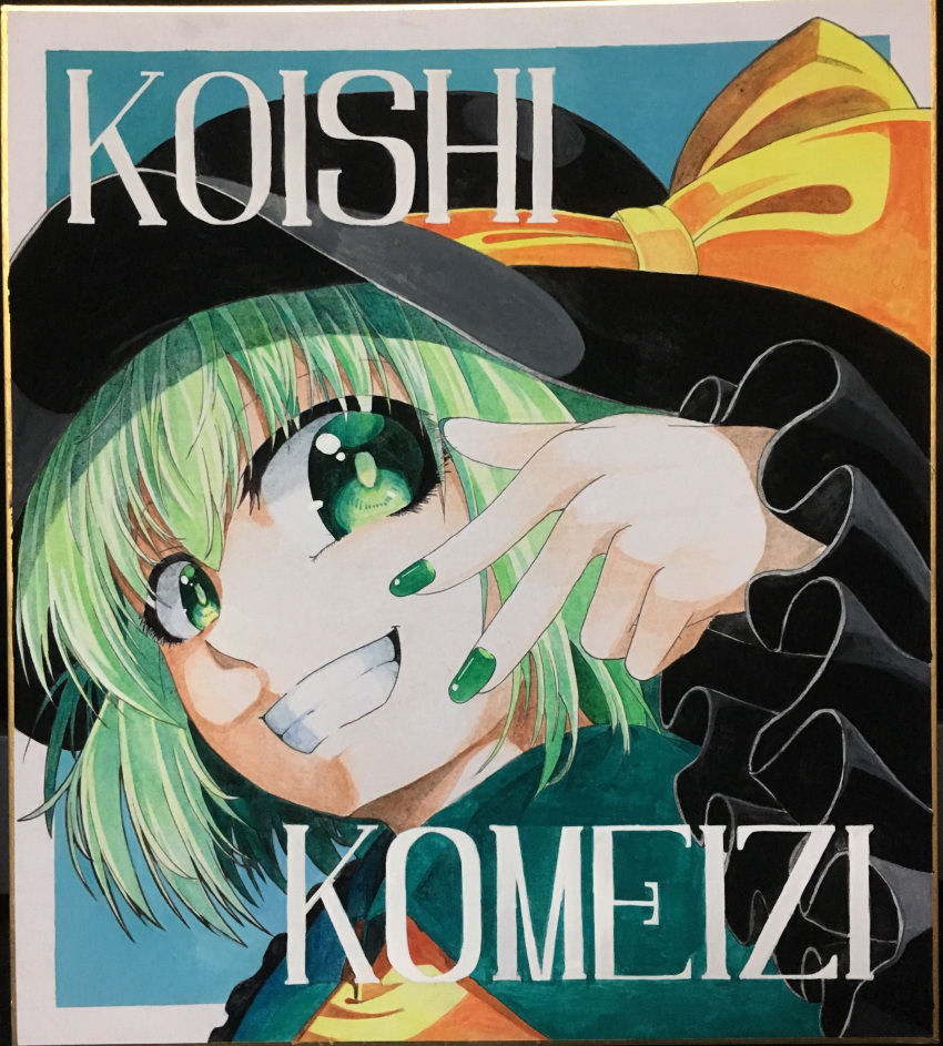 1girl 283win absurdres acrylic_paint_(medium) black_headwear blue_background bow bright_pupils character_name commentary_request frilled_sleeves frills green_eyes green_hair green_nails green_pupils grin hat hat_bow highres komeiji_koishi kunreishiki long_sleeves looking_at_viewer painting_(medium) photo_(medium) shikishi short_hair smile solo teeth touhou traditional_media upper_body yellow_bow