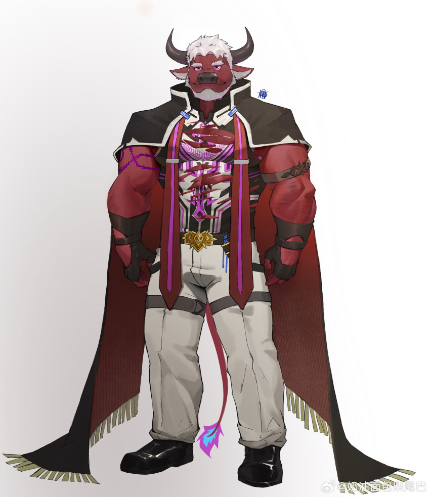 1boy absurdres animal_ears armlet arms_at_sides bara beard cape cow_ears cow_horns facial_hair furry furry_male glasses high_collar highres horns large_pectorals leg_belt looking_at_viewer male_focus mature_male minotaur mr_samoye muscular muscular_male original pants pectorals purple_eyes red_cape red_fur sanpaku short_hair solo standing straight-on tachi-e thick_eyebrows white_hair