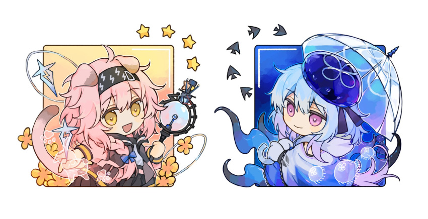 1boy 1girl animal_ears arknights black_headband black_skirt blue_background blue_gloves blue_hair blue_headwear blue_hoodie border braid cat_ears cat_girl cat_tail chibi chinese_commentary commentary_request creator_connection fish gloves goldenglow_(arknights) gradient_background gradient_hair headband highres holding holding_staff holding_umbrella hood hoodie jacket jellyfish light_blue_hair lightning_bolt_print looking_at_viewer looking_back messy_hair mizuki_(arknights) multicolored_hair open_clothes open_jacket open_mouth pink_background pink_eyes pink_hair pink_jacket pleated_skirt purple_hair shirt short_hair side_braid simple_background skirt smile staff star_(symbol) tail tentacles transparent transparent_umbrella umbrella uncleko5 white_background white_shirt yellow_background yellow_eyes