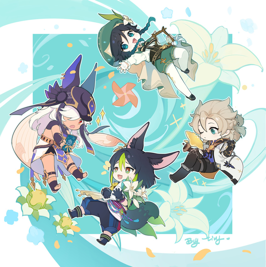 4boys :d :o albedo_(genshin_impact) animal_ear_fluff animal_ears animal_hat aqua_background aqua_eyes aqua_hair arm_up artist_name belt beret black_bow black_bowtie black_footwear black_gloves black_hair black_headwear black_pants black_ribbon black_shirt black_shorts blue_shirt blunt_ends blush boots border bouquet bow bowtie braid brown_corset brown_eyes buttons cape capri_pants card cecilia_flower_(genshin_impact) chain chibi clipboard closed_mouth coat collared_cape collared_shirt corset cross-laced_footwear crossed_legs cyno_(genshin_impact) dark-skinned_male dark_skin earrings egyptian_clothes fake_animal_ears fang feathers flower fox_boy fox_ears fox_tail frilled_sleeves frills genius_invokation_tcg genshin_impact gloves gold_trim gradient_hair green_cape green_eyes green_hair green_headwear green_shorts hair_between_eyes hair_over_one_eye half_updo hand_up hat hat_flower hat_ribbon highres holding holding_bouquet holding_card holding_clipboard holding_instrument holding_mushroom hood hood_down hooded_coat instrument jackal_ears jewelry lace-up_boots light_brown_hair long_hair long_sleeves looking_at_another lyre male_focus medium_hair multicolored_eyes multicolored_hair multiple_boys mushroom one_eye_closed one_eye_covered open_clothes open_coat open_mouth outside_border pants pantyhose parted_bangs pelvic_curtain petals pinwheel playing_card pom_pom_(clothes) puffy_shorts purple_sash red_eyes ribbon rope sash scar scar_on_neck shirt shoes short_hair short_sleeves shorts side_braids signature simple_background single_earring smile sparkle starshroom_(genshin_impact) streaked_hair sweet_flower swept_bangs tail tassel thigh_boots tighnari_(genshin_impact) tiny_(0v0) twin_braids two-sided_cape two-sided_fabric venti_(genshin_impact) vision_(genshin_impact) white_border white_coat white_flower white_hair white_pantyhose white_shirt wind wrist_cuffs yellow_flower