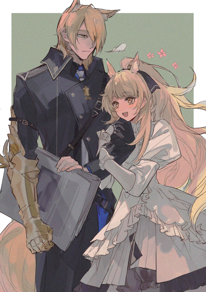 1boy 1girl absurdres animal_ear_fluff animal_ears arknights armor armored_gloves black_coat black_hairband blemishine_(arknights) blonde_hair blush coat dress extra_ears fingernails flower gloves green_background grey_necktie h2o2 hairband highres holding holding_another's_arm holding_newspaper horse_ears horse_girl horse_tail long_hair long_sleeves mlynar_(arknights) necktie newspaper ponytail skirt smile standing tail two-tone_background uncle_and_niece white_background white_dress white_gloves white_skirt white_sleeves yellow_eyes