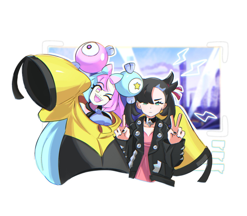 2girls ;d asymmetrical_bangs black_hair black_jacket black_nails border bow-shaped_hair character_hair_ornament commentary double_v dress green_eyes hair_ornament hair_ribbon hands_up highres iono_(pokemon) jacket lightning_bolt_symbol marnie_(pokemon) medium_hair multicolored_hair multiple_girls nail_polish one_eye_closed open_clothes open_jacket open_mouth outline pink_dress pink_eyes pink_hair pokemon pokemon_(game) pokemon_sv pokemon_swsh red_ribbon ribbon sharp_teeth shirt sleeveless sleeveless_shirt sleeves_past_fingers sleeves_past_wrists smile surr_ealist teeth two-tone_hair upper_teeth_only v white_border yellow_jacket